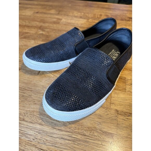 LAUREN RALPH LAUREN Jinny Black Slip On Sneakers Faux Straw Casual Preppy Size 6 - Picture 1 of 6